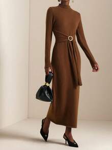 Lyxana Women's Solid Color Ribbed Stand Collar Long Sleeve Metal Ring Decor Sweater Dress - Coffee Brown - View 3
