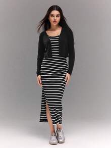 Teenage Girls' Fashion Ribbed Solid Color Long Sleeve Cropped Cardigan With Striped Design Snug Fit Two Pieces Dress - Multicolor - View 1