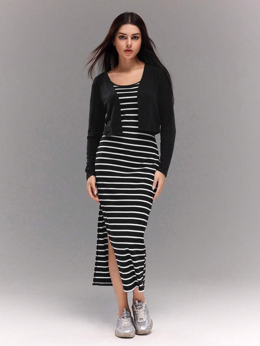 Teenage Girls' Fashion Ribbed Solid Color Long Sleeve Cropped Cardigan With Striped Design Snug Fit Two Pieces Dress - Multicolor - View 1
