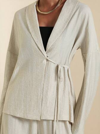 SHEIN Veneréa Set med löst midjebälte i kimono-stil och kofta med vida byxor