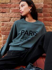 Nöista Dusty Blue Paris-Print Sweatshirt For Women,Relaxed Fit Dropped Shoulders Ribbed Cuffs,Autumn Streetwear Casual School Back-To-School Cozy Winter Top - Dark Grey - View 7
