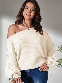 Elenzga Suéter de hombros descubiertos con cordón en unicolor, multicolor, talla grande - Beis - Ver 3