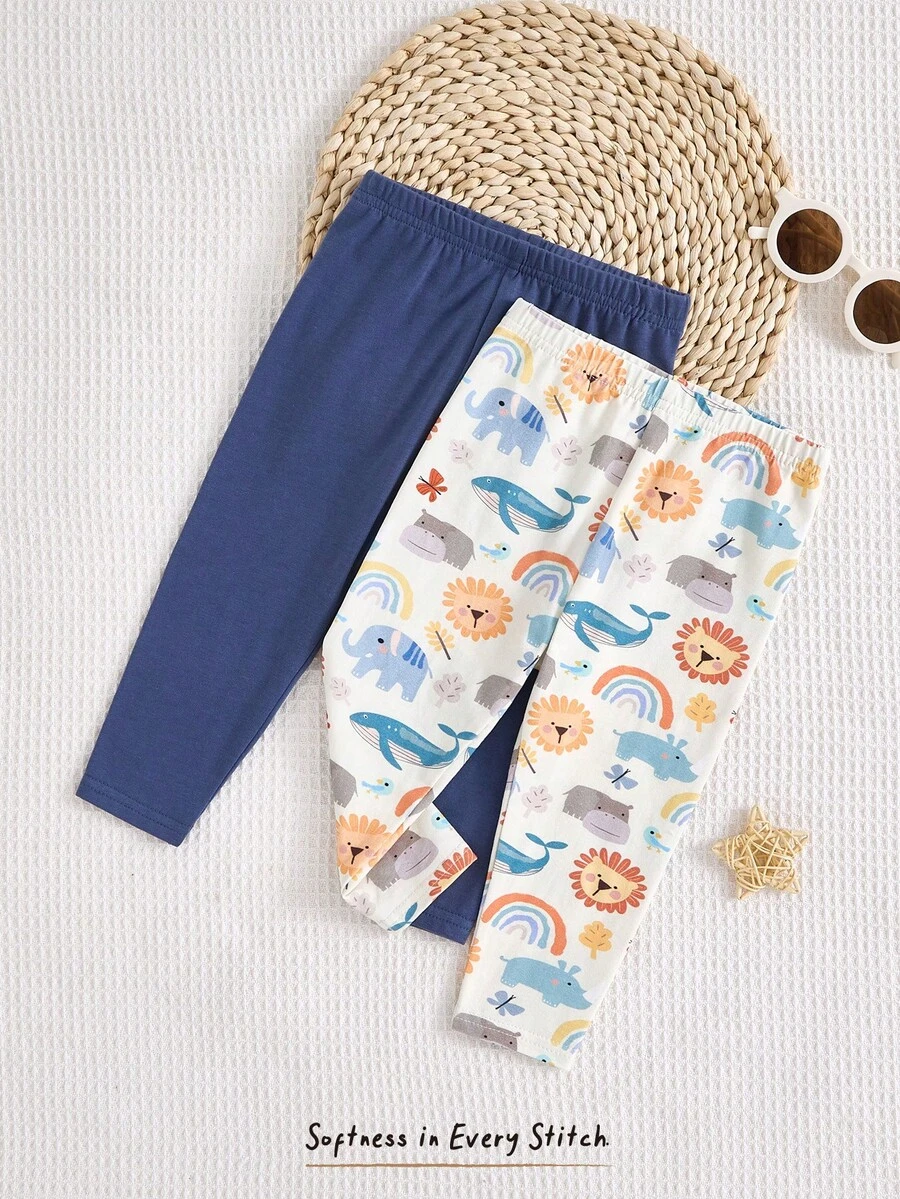 Cozy Pixies 2pcs Baby Boy Cartoon Bear Pattern Knitted Soft Elastic Waist Thick Thermal Lined Pants Set, Suitable For Winter - Multicolor - View 1