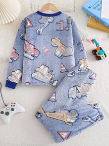 Winter  2pcs Boys Glow-In-The-Dark Star Pattern Fleece Colorblock Ribbed Starry Sky Feeling Pants And Long Sleeve Casual Comfortable Pajama Set