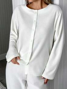 EURMUSE Minimalist Button Front Loungewear Pajama Set – Soft Two Pieces Long Sleeve Top & Wide Leg Pants In Solid White - Beige - View 5