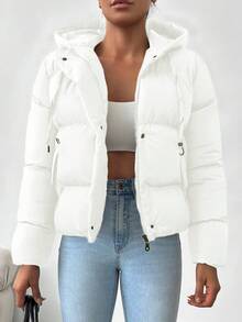 EURMUSE Zip Up Snap Button Drawstring Hooded Puffer Coat - White - View 4
