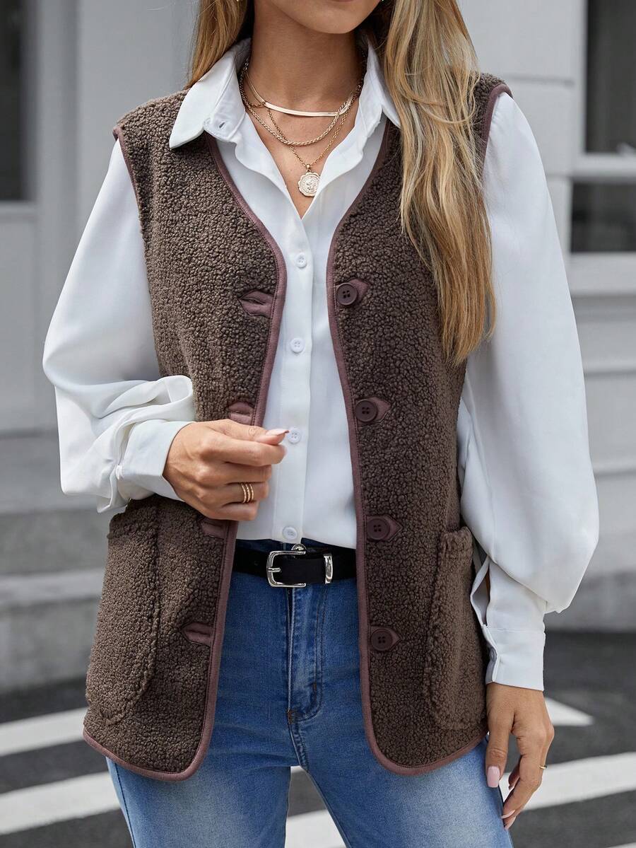 INAWLY 1pc Women Regular Plush Button Vest Jacket, Autumn/Winter - Coffee Brown - View 1