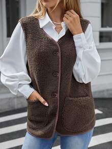INAWLY 1pc Women Regular Plush Button Vest Jacket, Autumn/Winter - Coffee Brown - View 3