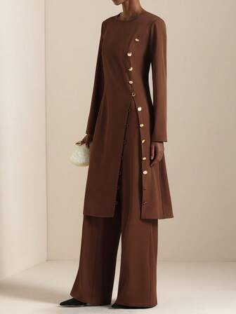 SHEIN Veneréa Dammode i metalldekor, långärmad topp och vida byxor, elegant 2-delat set