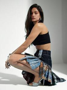 Denimoi Quần short denim tua rua kẻ caro pha trộn axit wash phong cách đường phố mùa hè mặc hàng ngày - Rửa tối - Xem 5