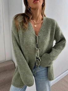 EURMUSE Damen einfarbiger Cardigan mit Schleife vorne, Drop Shoulder, strickig