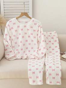 Genkimix Kids 2 件套女童休闲蝴蝶印花羊毛圆领长袖上衣和裤子套装，秋冬 - 白色 - 查看 3