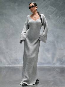CasuGlow Deep V Neck Solid Color Plain Pattern Drop Shoulder Double Cuff Oversize Fit Cozy Maxi Knitted Dress - Light Grey - View 4