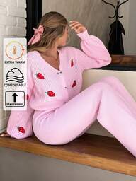EURMUSE 2 Pieces Strawberry Embroidered Knit Lounge Set With V-Neck Cardigan And Wide-Leg Pants In Soft Baby Pink Strawberry Sweater Sets For Women 2 Piece Lounge Sets Women Strawberry Clothes Women Womens Pink Lounge Set Loungewear Sets For Women,Petite Co Ord,Co Ord,Petite