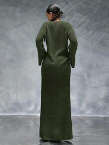 EURMUSE Casual Deep V Neck Solid Color Plain Pattern Drop Shoulder Double Cuff Oversize Fit Cozy Maxi Knitted Dress For Winter Daily Styles - Army Green - View 2