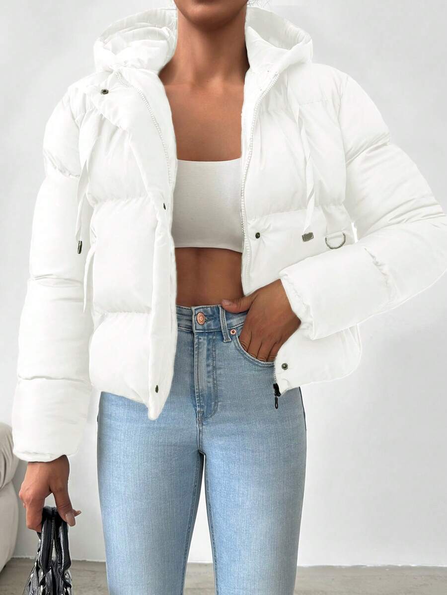 EURMUSE Zip Up Snap Button Drawstring Hooded Puffer Coat - White - View 1