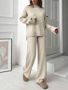 EURMUSE Mock Neck Knitted Pullover Hunky Knit Tunic Sweater Set - Mocha Brown - View 7