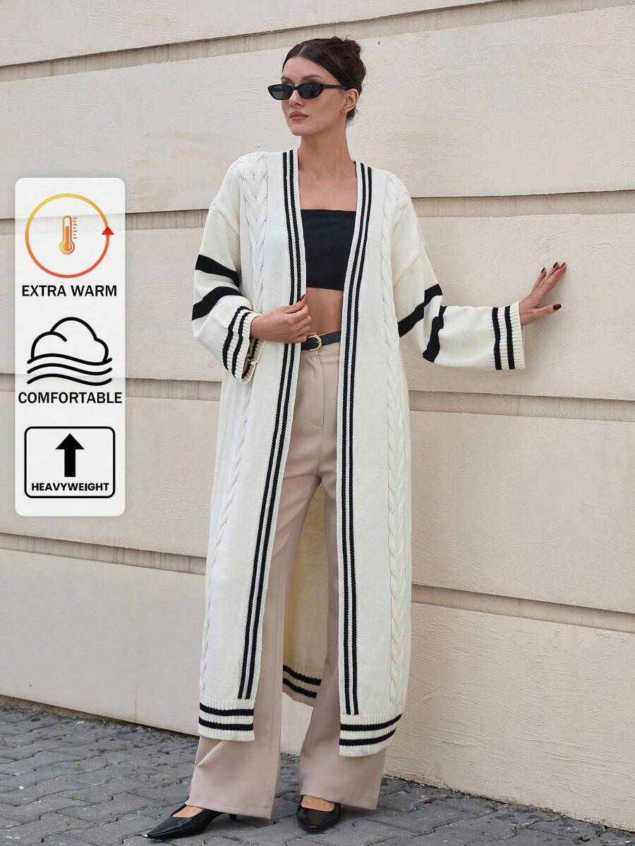 CLARA VERO Damen Strick-Muster Langcardigam mit offenem Schnitt und Streifendetails am Saum - Beige - Übersicht 1