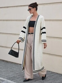 CLARA VERO Damen Strick-Muster Langcardigam mit offenem Schnitt und Streifendetails am Saum - Beige - Übersicht 5