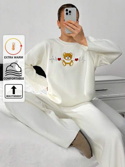 SHEIN Uroczy sweter z okrągłym dekoltem w jednolitym kolorze, opadającymi ramionami i luźnym krojem, uroczy miś z haftem i szerokimi nogawkami, jednokolorowe, dzianinowe spodnie, 2 częściowy zestaw na zimę