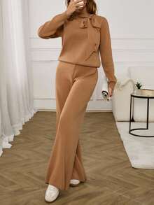 EURMUSE 别致的棕色针织开衫，配蝴蝶结细节 - 駝色 - 查看 8