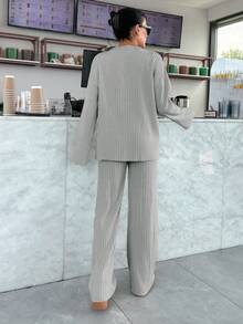 EURMUSE Ensemble sweat-shirt à manches longues avec épaules tombantes et pantalon de jogging - Gris - Voir 7