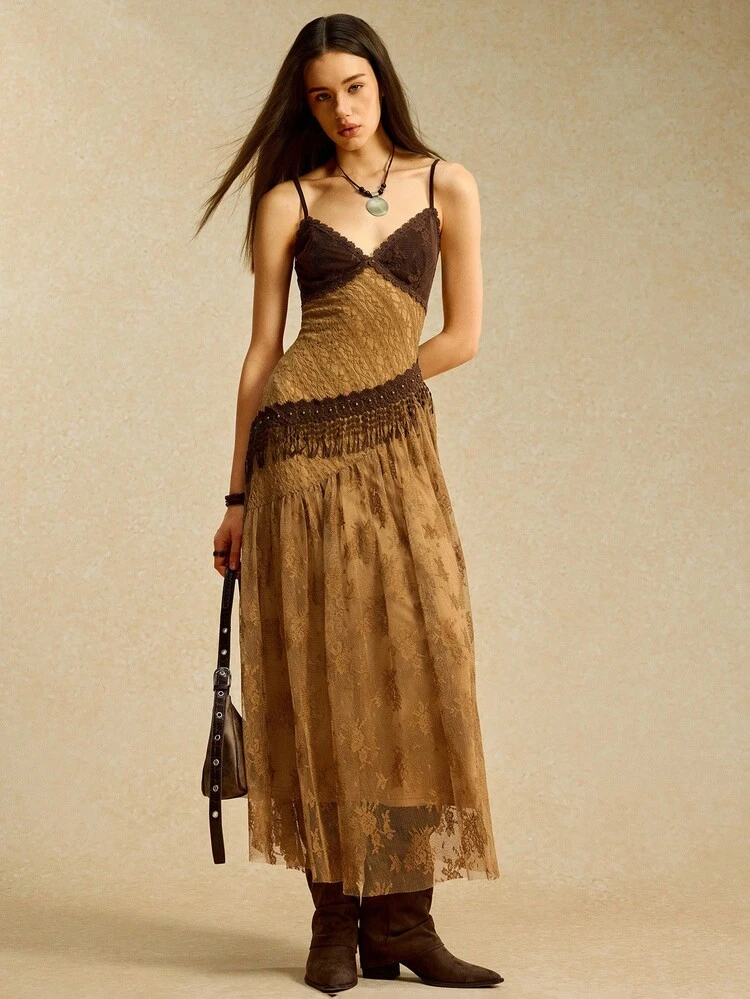 Easelle Vestido Vintage Nômade de Renda Retalhos com Alça Ajustável Estilo A-Line Sexy para Mulheres, Vestido Longo Marrom, Vestido Estampa de Onça Cleopatra Marrom Terroso, Vestido Boho Marrom, Vestido Longo Marrom Casual - Castanho - Visão 3