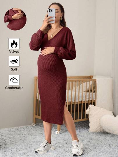 MaterniWear Maternity Women's Solid Color Knit Long Sleeve Split Hem Dress, Suitable For Autumn And Winter, Pregnancy Dress, Teacher Dress Long Sleeve Maternity Dress Dress For Pregnant Women Pregnancy Clothes Maternity Dress
