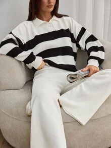 EURMUSE 条纹花卉印花翻领休闲女式上衣和阔腿毛衣裤，2 件针织装适合休闲风格 - 黑與白 - 查看 5