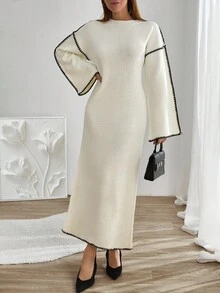 EURMUSE Flared Sleeve Contrast Binding Maxi Dress,Winter Dresses For Women,Petite - White - View 5