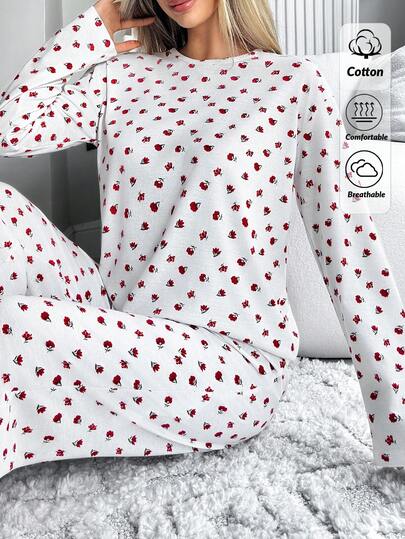 Set pigiama da donna in cotone con camicia a maniche lunghe e pantaloni, motivo floreale a contrasto di colore, collo rotondo, comodo abbigliamento da casa e relax per signore