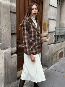 Chiquease Women's Elegant Brown Plaid Woolen Coat,Autumn Winter Suit Jacket,Office Business Overcoat,Color-Block Patterned Top For New Year Party Christmas - Brown - View 6