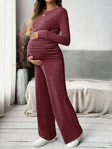 MaterniWear 圆领长袖针织T恤和可调节腰围直筒裤女直筒裤秋季套装宽松套装适合宝宝礼物 - 紅色 - 查看 5