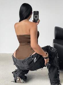 POPSWAY Bodysuit Minimalis Warna Polos, Gaya Seksi - Burgundy - View 2