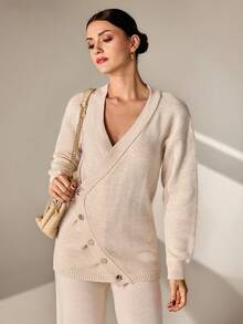 CLARA VERO Elegant Deep V Neck Drop Shoulder Draped Asymmetric Cut Cardigan,Autumn,Winter Clothes,Autumn Outfits Women,Cardigans,Autumn Clothes,Winter Clothes Women,Jumpers For Women,Cardigans For Women - Apricot - View 4