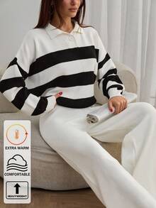 EURMUSE 条纹花卉印花翻领休闲女式上衣和阔腿毛衣裤，2 件针织装适合休闲风格 - 黑與白 - 查看 1