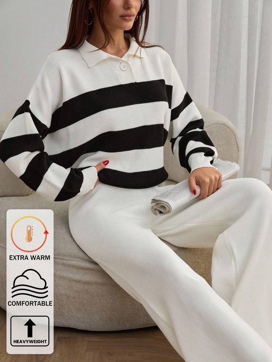EURMUSE 条纹花卉印花翻领休闲女式上衣和阔腿毛衣裤，2 件针织装适合休闲风格 - 黑與白 - 查看 1