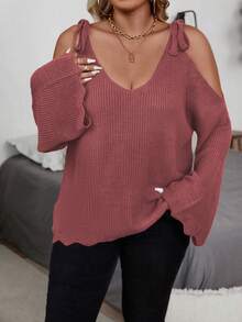SHEIN LUNE Áo len tay loe trễ vai màu trơn cỡ lớn, mùa thu - Bụi hồng - Xem 3