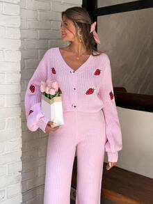 EURMUSE Plus Size 2 Pieces Strawberry Embroidered Knit Lounge Set With V-Neck Cardigan And Wide-Leg Pants In Soft Baby Pink - Pink - View 5