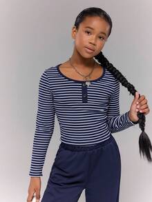Girls Casual Striped Contrast Color Knit Round Neck Long Sleeve Top And Solid Color Knit Straight Leg Pants 2 Pieces Set - Multicolor - View 5