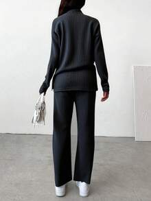 EURMUSE Ladies' Ribbed Stand Collar Top And Pants Set - Dark Grey - View 2