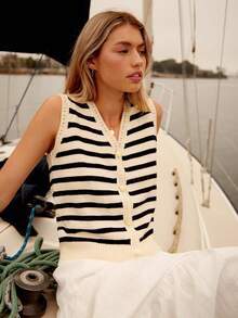 WESTFADE V 领贝壳纽扣前襟宽松条纹毛衣针织背心可爱秋季上衣，休闲，秋季，冬季，波西米亚风，纳什维尔女牛仔乡村，西部女装 - 彩色 - 查看 3