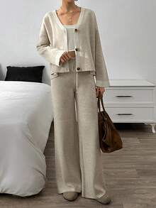 EURMUSE Completo da donna in 2 pezzi con cardigan in maglia morbida al tatto con collo polo e pantaloni coordinati, set lounge comodo e casual, beige avena, taglie petite, abbigliamento invernale - Beige - Visualizzare 7