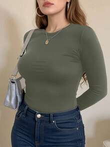 INAWLY Áo thun cổ tròn tay dài màu xanh lá cây cỡ lớn dành cho nữ dáng ôm - xanh quân đội - Xem 1