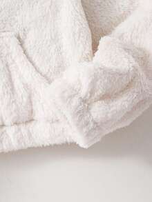 SHEIN ChillGRL مجموعة من قطعتين تتكون من هوديي بجيب وياقة فرو للبنات وسروال ضيق أحادي اللون، مريح وملائم للارتداء، للخريف/الشتاء - أبيض - مشاهدة 3