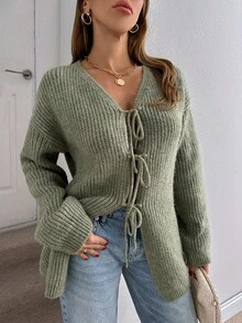 EURMUSE Damen einfarbiger Cardigan mit Schleife vorne, Drop Shoulder, strickig