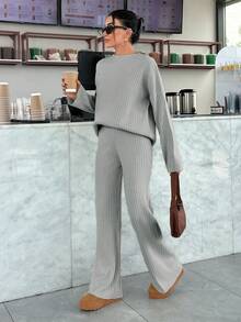 EURMUSE Ensemble sweat-shirt à manches longues avec épaules tombantes et pantalon de jogging - Gris - Voir 8