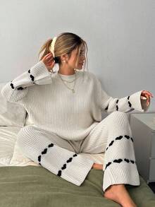SHEIN Women Sweater With Heart And Pant 2 Pieces - Beige - View 2
