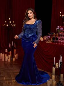 Glamrae Plus Size Royal Blue Winter Elegant Evening Formal Dress,Sequin Embroidery Velvet Square Collar Long Sleeve Slim Mermaid Tail Party Guest Gown - Royal Blue - View 5