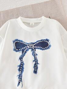 Sparklyn Girls White Sweatshirt & Denim Pants With Bow, Autumn/Winter - Blue and White - View 6